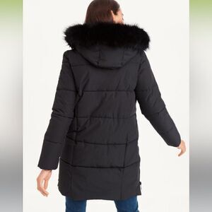 DKNY Double-Pocketed Faux-Fur Long Puffer Jacket Black Small Outerwear Coat